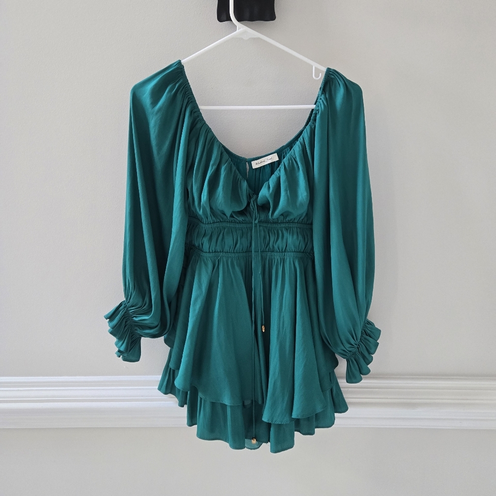 Mustard Seed Shirred Long Sleeve Romper‎ Green Boho - Picture 2 of 7